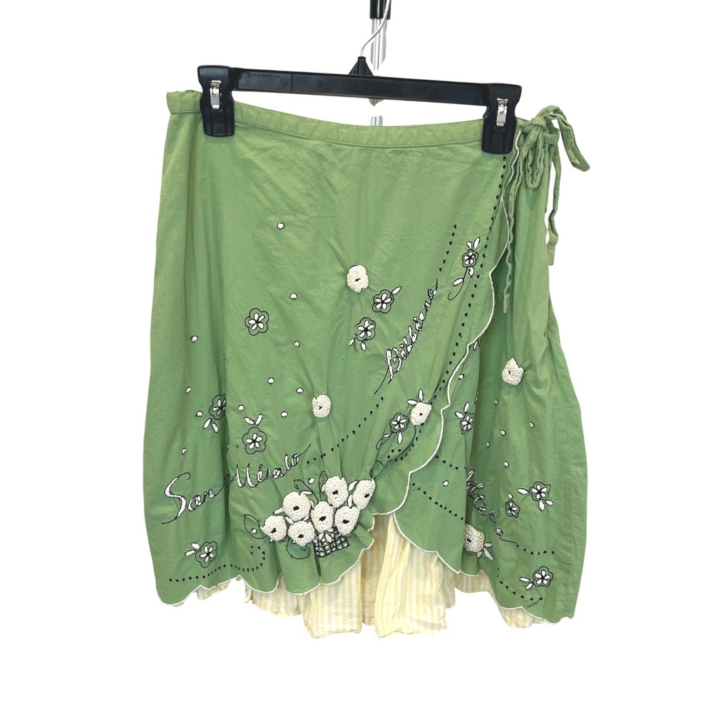 Vintage Anthropologie Odille Green Floral Embroidered Wrap Skirt Italia Sz 10
